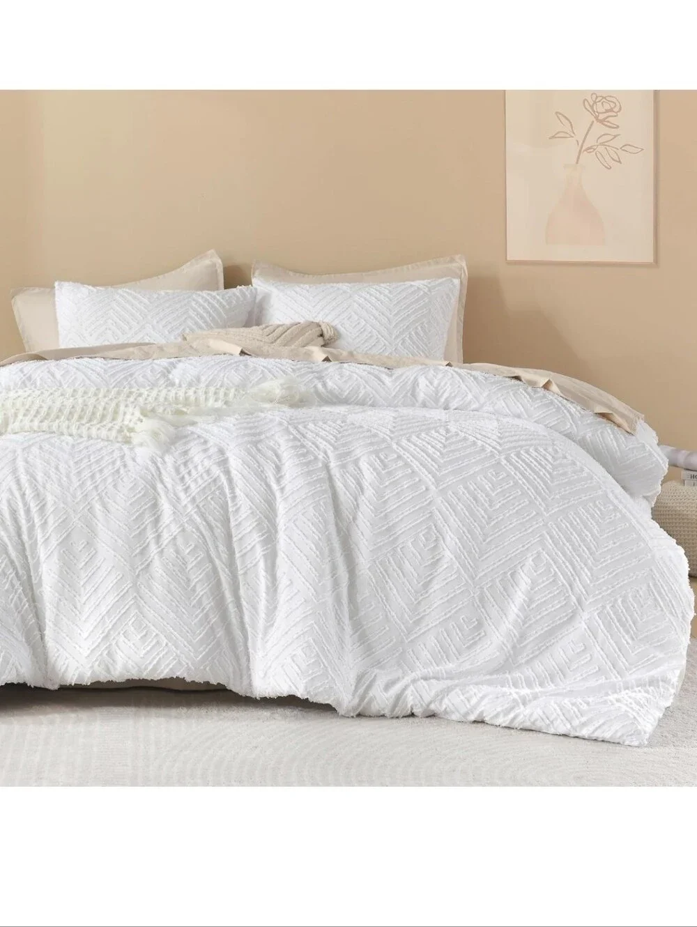 Litanika Oversized King Comforter Set White, 3 Pieces Tufted Boho Farmhouse